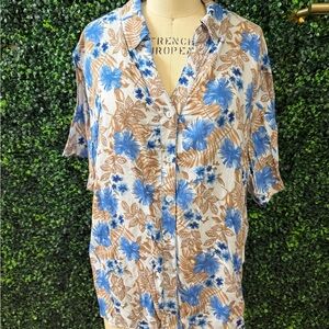 Women’s Blue Floral Button-Down Shirt with Tan Leaf Print